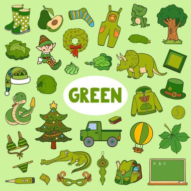 Yeşil renkli nesneler. Temel renkler hakkında çocuklar için görsel sözlük. Anaokulu ve anaokulu öğrenimi için izole resimlere sahip kare çizgi film sayfası