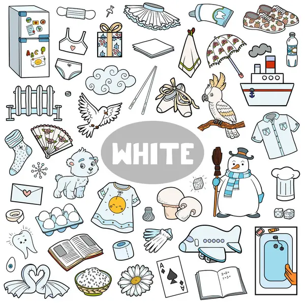 Set Van Witte Kleur Objecten Visueel Woordenboek Voor Kinderen Basiskleuren Rechtenvrije Stockillustraties