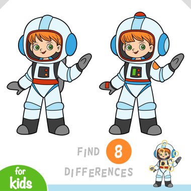 Farklılık bul, çocuklar için eğitici bir oyun, sevimli çizgi film kızı astronot.