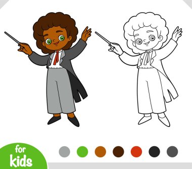 Çocuklar için boyama kitabı, tatlı çizgi film kızı orkestra şefi ve sopa