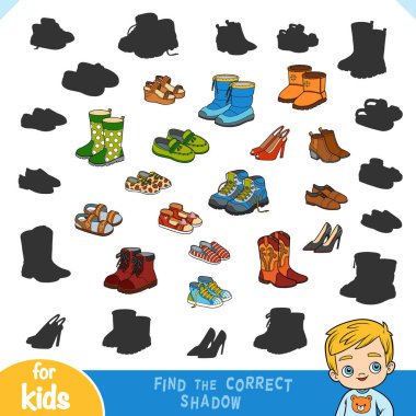 Find the correct shadow, education game for children, set of cartoon shoes clipart