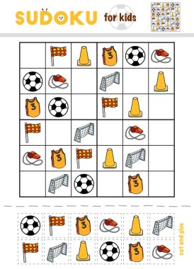 Çocuklar için sudoku, eğitim oyunu. Futbol eşyaları ve aksesuarları. Eksik ögeleri doldurmak için makas ve yapıştırıcı kullanın