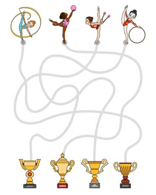 Çocuklar için labirent oyunu, çizgi film ritmik jimnastik karakterleri. Kızların spor kupalarına ulaşmasına yardım et..