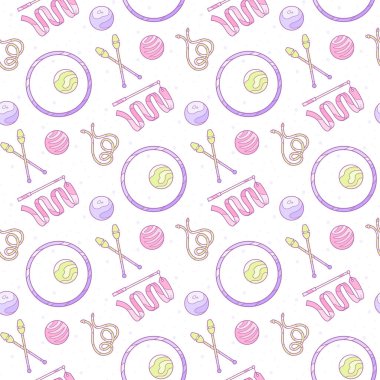 Ritmik jimnastik objeleriyle kusursuz desen. Çizgi film sportif unsurlarıyla yumuşak pastel gölgelerde vektör arkaplanı