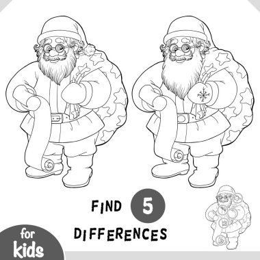 Sevimli çizgi film Noel Baba ve Noel çantası. Siyah ve beyaz eğitici bir oyun buldular