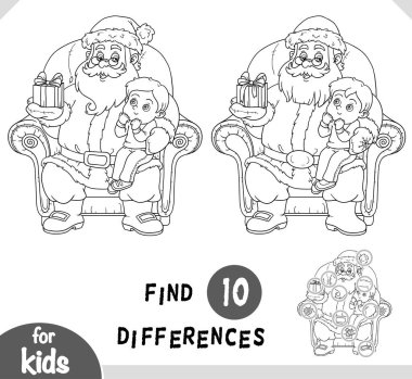 Kucağında çocuk olan şirin bir Noel Baba çizgi filmi. Siyah ve beyaz eğitici bir oyun buldular