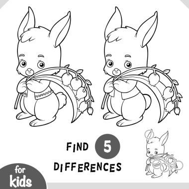 Tatlı çizgi film tavşanı ve vadideki zambaklar. Çocuklar için siyah-beyaz eğitim oyunu farklılıklarını bul