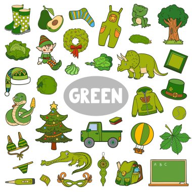 Yeşil renkli nesneler. Temel renkler hakkında çocuklar için görsel sözlük. Anaokulu ve anaokulu öğrenimi için izole resimlere sahip kare çizgi film sayfası