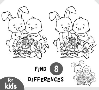 Çocuklar için eğitici oyunlar, renkli yumurtalı Paskalya illüstrasyon kuşu, tavşan ve sepet.