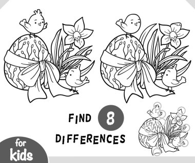 Çocuklar için eğitici oyunlar, Paskalya illüstrasyonları küçük kuşlar, renkli yumurta ve çiçekler