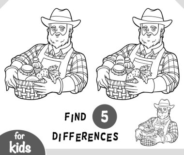 Çocuklar için eğitici bir oyun bul, bir sepet meyve ve ekolojik ürünle çiftçi