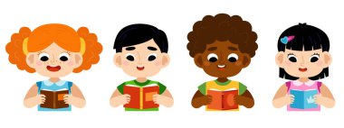 Çizgi roman okuyan çocuklar. Şirin kızlar ve oğlanlar kitap okuyor. Beyaz arkaplan üzerinde izole Kawaii düz biçimi