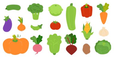 Renkli sebze seti, renkli vektör çizgi film koleksiyonu. Beyaz arkaplanda izole edilmiş renkli düz resimleme