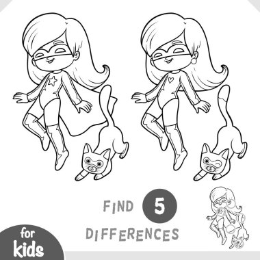 Çizgi film karakteri, kedisi olan süper kahraman kız. Farklılık bul, çocuklar için eğitici bir oyun. Siyah ve beyaz etkinlik çalışma tablosu