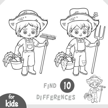 Tırmık ve kovayla çiftçi çocuk. Farklılık bul, çocuklar için eğitici bir oyun. Siyah ve beyaz etkinlik çalışma tablosu