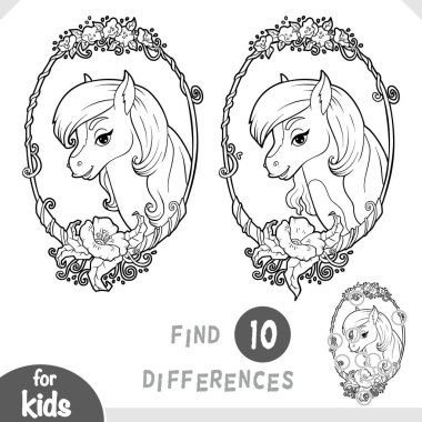 Çiçek çerçeveli şirin bir midilli. Farklılık bul, çocuklar için eğitici bir oyun. Siyah ve beyaz etkinlik çalışma tablosu