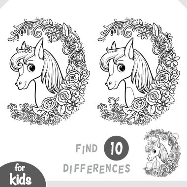 Çiçek çerçeveli şirin bir midilli. Farklılık bul, çocuklar için eğitici bir oyun. Siyah ve beyaz etkinlik çalışma tablosu