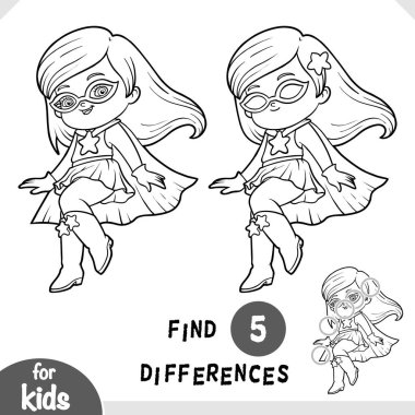 Çizgi film karakteri süper kahraman kız. Farklılık bul, çocuklar için eğitici bir oyun. Siyah ve beyaz etkinlik çalışma tablosu