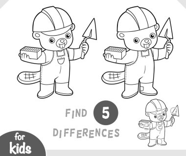 Çizgi film karakteri Kunduz yapıcı, çocuklar için eğitici bir oyun bul. Siyah ve beyaz etkinlik çalışma tablosu