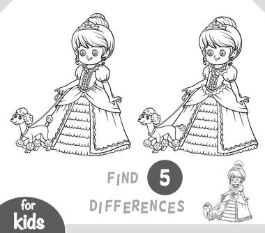 Çizgi film prensesi ve sevimli köpek. Çocuklar için siyah beyaz oyun bul, eğitim bul