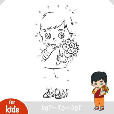 Numaralar oyunu, eğitim çocuklar için nokta nokta oyunu, çocuk ve bir buket çiçek.