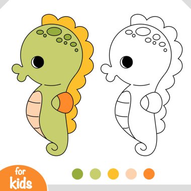 Çizgi film sevimli deniz hayvanı Deniz atı çocuklar için boyama kitabı.