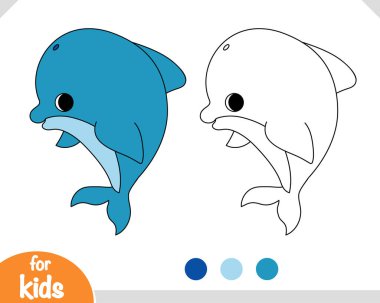 Tatlı çizgi film deniz hayvanı yunusu, çocuklar için boyama kitabı.