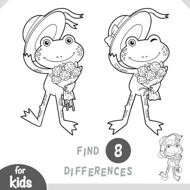 Farklılık bul, çocuklar için eğitici bir oyun bir buket çiçekli şirin küçük kurbağa.