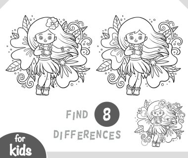 Hawaii 'li kız hula dansı yapıyor. Çocuklar için siyah-beyaz eğitim oyunu farklılıklarını bul