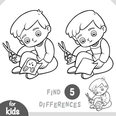 Çocuk bir makasla resim keser. Farklılıkları bul, çocuklar için siyah beyaz eğitim oyunu