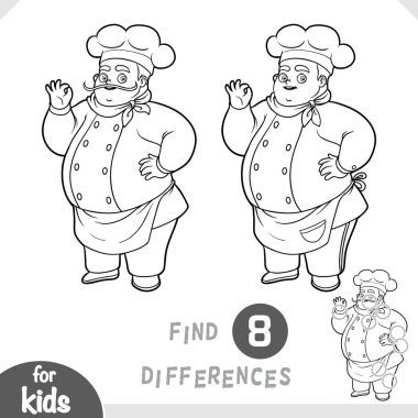 Çizgi film karakteri Şef. Farklılık bulun, çocuklar için siyah-beyaz eğitim oyunu