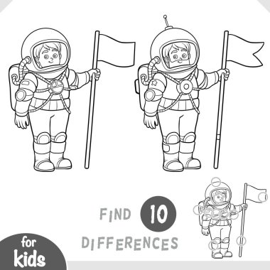 Çizgi film karakteri astronotu. Farklılık bulun, çocuklar için siyah-beyaz eğitim oyunu