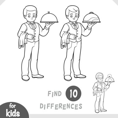 Çizgi film karakteri garsonu. Farklılık bulun, çocuklar için siyah-beyaz eğitim oyunu