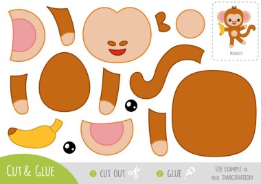 Çocuklar için eğitim kâğıdı oyunu, maymun ve muz. Resmi oluşturmak için makas ve yapıştırıcı kullanın.