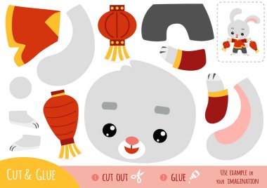 Çocuklar için eğitim kâğıdı oyunu, Çin yeni yılı karakter tavşanı ve fenerler. Resmi oluşturmak için makas ve yapıştırıcı kullanın.