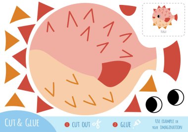 Çocuklar için eğitim kâğıdı oyunu, tatlı fugu balığı. Resmi oluşturmak için makas ve yapıştırıcı kullanın.