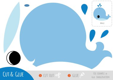 Çocuklar için eğitim kâğıdı oyunu, şirin balina. Resmi oluşturmak için makas ve yapıştırıcı kullanın.