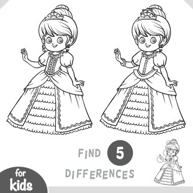 Tatlı çizgi film prensesi. Çocuklar için siyah beyaz oyun bul, eğitim bul