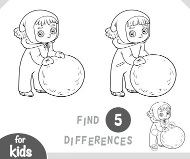 Kız ve bir kar topu. Çocuklar için eğitici bir oyun bul. Siyah beyaz illüstrasyon