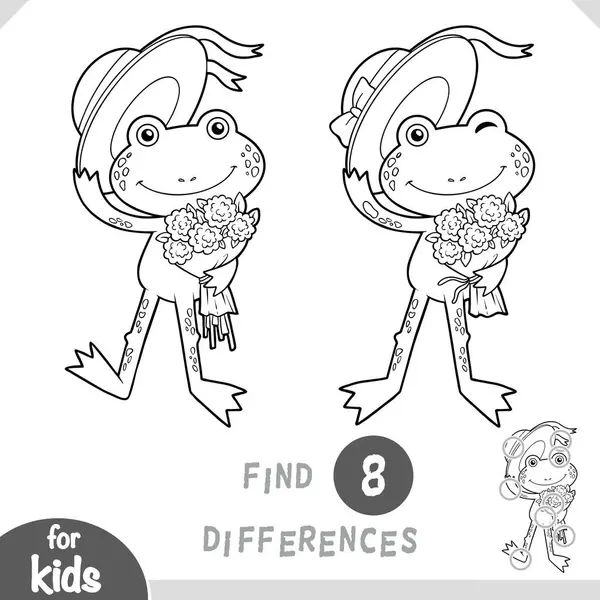 Farklılık bul, çocuklar için eğitici bir oyun bir buket çiçekli şirin küçük kurbağa.