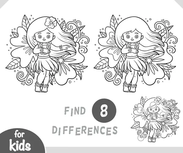 Hawaii 'li kız hula dansı yapıyor. Çocuklar için siyah-beyaz eğitim oyunu farklılıklarını bul