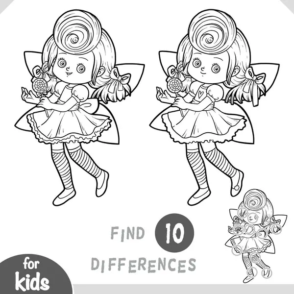 Tatlı Şeker Perisi, farklılıkları bul, çocuklar için siyah-beyaz eğitim oyunu