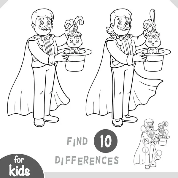 Çizgi film İllüzyonisti ve şapkada tavşan. Farklılık bulun, çocuklar için siyah-beyaz eğitim oyunu