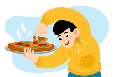 Sarı kapüşonlu neşeli, düz stil çocuk tepsiden bir dilim sıcak pizza alıyor. Komik çizgi film karakteri lezzetli yemeklerden hoşlanıyor. Renkli vektör illüstrasyonu