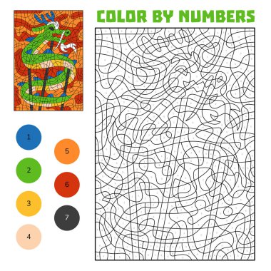 Boyası numara çalışma kağıdına ait geleneksel ejderha kuklası sopaların üzerinde. Çocuklar için eğlenceli ay yeni yılı aktivitesi. Sayılarla basılabilir eğitim oyunu. Asya kültürel kutlama teması