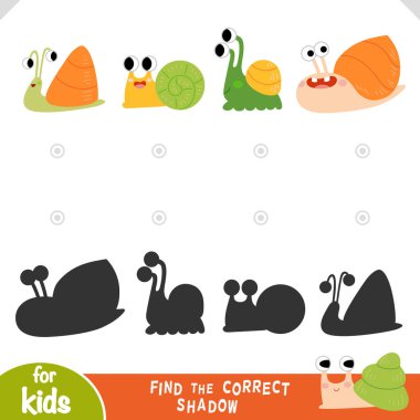 Tatlı salyangozları olan çocuklar için uygun bir gölge eşleştirme oyunu bul. Anaokulu öncesi öğrenim faaliyetleri için vektör illüstrasyon. Komik eşleşen yazdırılabilir çalışma tablosu