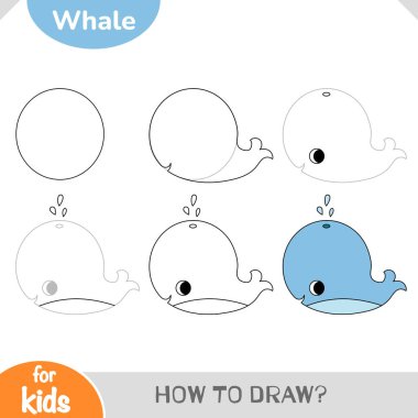 Bu çocuklar için adım adım bir rehberle şirin bir balinanın nasıl çizileceğini. Hareket yeteneğini geliştiren ve sualtı hayvanlarını keşfeden çocuklar için harika. Vektör karikatür çalışma tablosu