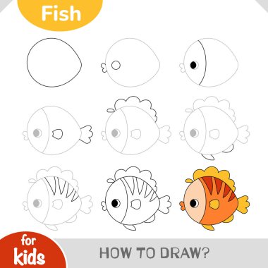 Çocuklar için şirin balık çizimi dersi. Yeni başlayanlar ve deniz hayvanlarını keşfeden çocuklar için adım adım çizmek kolay. Vektör karikatür çalışma tablosu