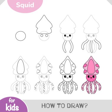 Çocuklar için adım adım rehber olarak sevimli bir mürekkep balığının nasıl çizileceğini öğren. Deniz hayatı aşıkları ve küçük çiziciler için basit bir çizim aktivitesi. Vektör karikatür çalışma tablosu