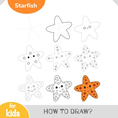 Basit bir rehber ile sevimli bir denizyıldızının nasıl çizileceğini öğrenin. Okul öncesi ve genç öğrenciler için deniz temalı eğlenceli bir aktivite. Vektör karikatür çalışma tablosu